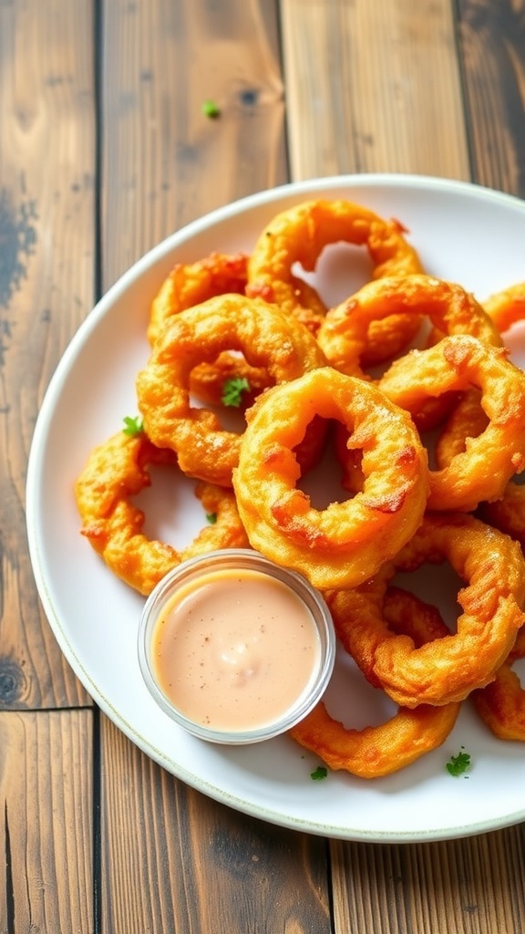 Crispy air fryer onion rings on a plate with dipping sauce, garnished with parsley.